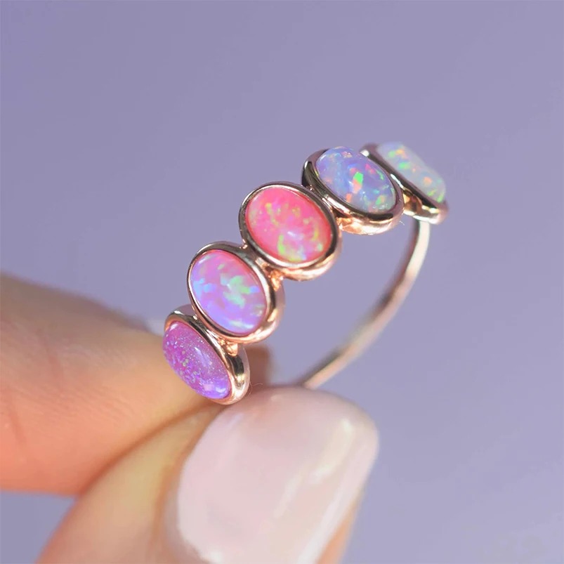 Gemnel Oval Opal Ombre Candy Band 18K Gold Plated 925 Sterling Silver Rings Women Custom Fine Jewelry