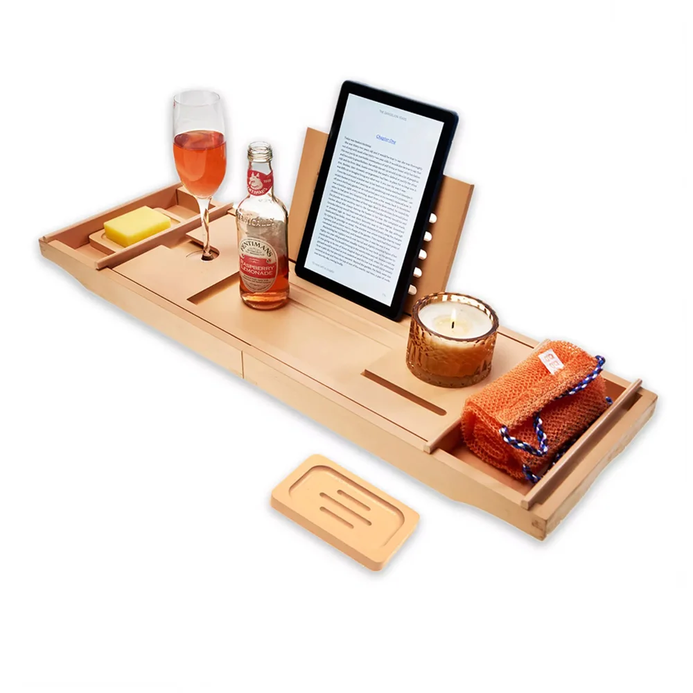 Free Extendable Bamboo Bath Caddy Tray Board Tablet Wine Phone Soap Holder Rack