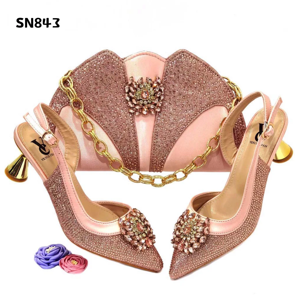 FASHION SHOE Matching Shoes and Bag Set Women's Evening Wear Rhinestone  Pump heels Gold Color Party Pointed Toe Ladies Sandals