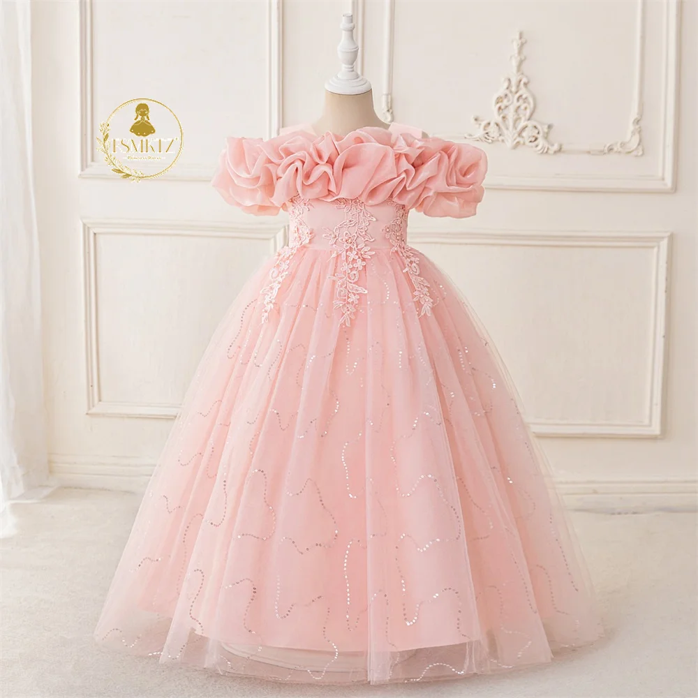FSMKTZ Ball Gown Girls Dress 12 Years Pink Flower Girls Dress Lovely Big  Children Wedding Birthday Frocks Party Princess Dress