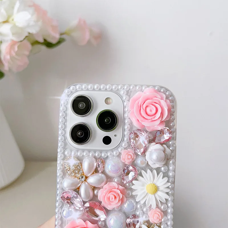 Clear Tpu Pc 3D Epoxy Daisy Flower Resin DIY Mobile Phone case with Pearls for iPhone 16 Pro 15 Decoration Cellphone Accessory