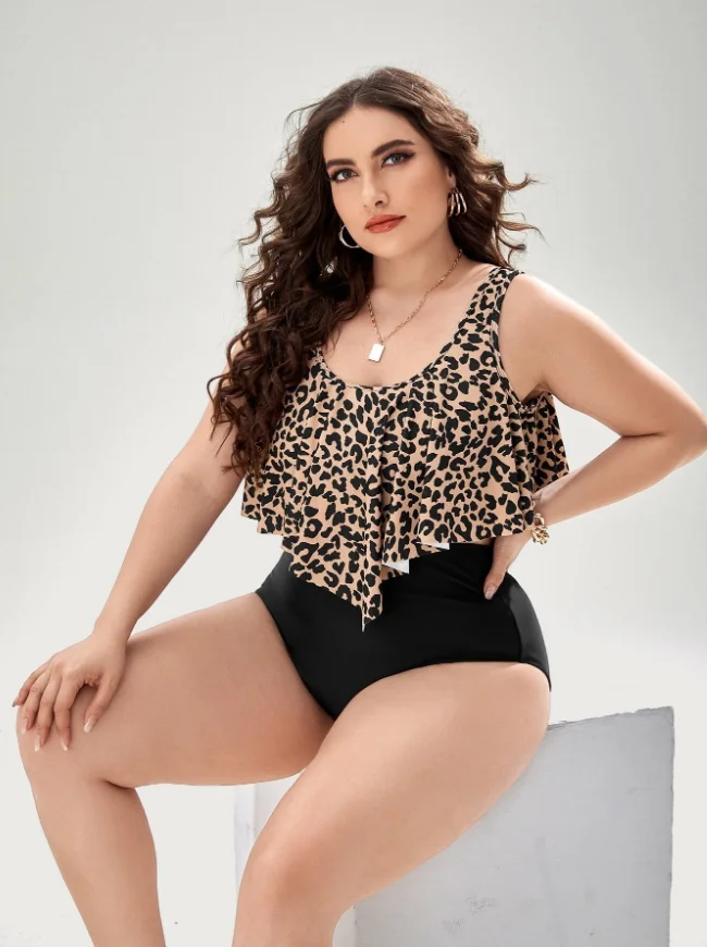 Eco Friendly Recycled Nylon Swimwear Plus Size Women Leopard Printed Ruffle Top High Waist Bottom Bathing Suit