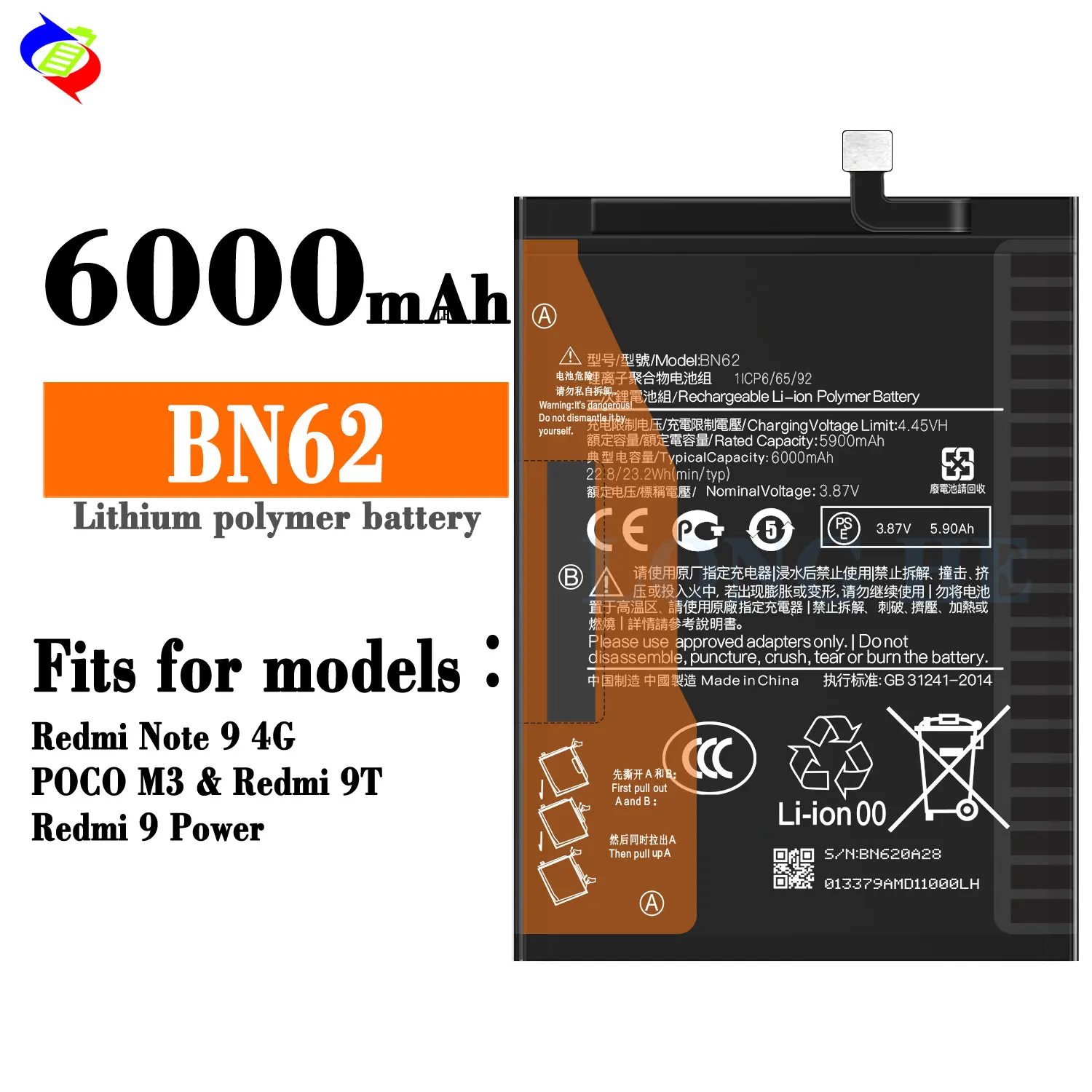 Original Replacement Battery BN62 for Redmi Note9 4G