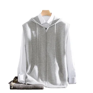 Men's Pure Cashmere Sleeveless Winter Cardigan Padded Hood and Zipper Decorated with Animal Pattern and Letter Print