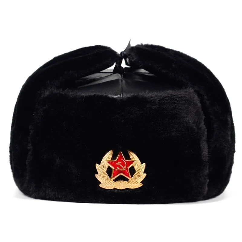 Winter Men Hat Fur Warm Windproof Cap Lei Feng Cap Bomber Faux Fur Ear Flap Caps Black Ski Trooper Trapper Cold Anti Snow Hats