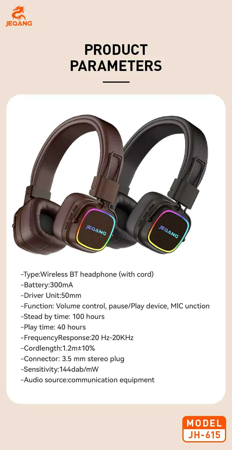 Jeqang New On-Ear BT Headset with RGB Noise Reduction USB Connectors Dynamic VocaLigm for DJ Travel Sports Gaming Office Support