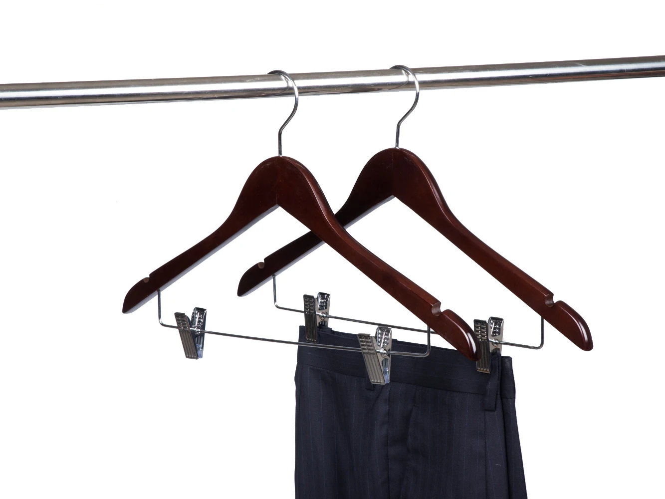 High Quality Custom  Clips Walnut Wooden Cloths Hangers with Chrome Hook