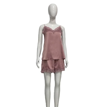 Custom OEM factory Wholesale Lace Satin Short set for women night wear summer pajama 97%polyetser 3%elastane