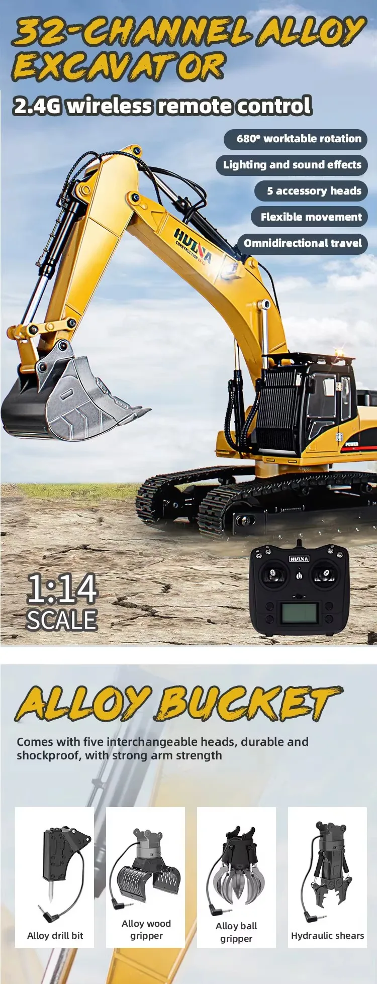 HUINA 1580 RC Excavator - Fun & Educational Toy for Kids