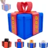 Caja de regalo molesta de 8 cm - caja azul, encaje rojo, tornillos amarillos.