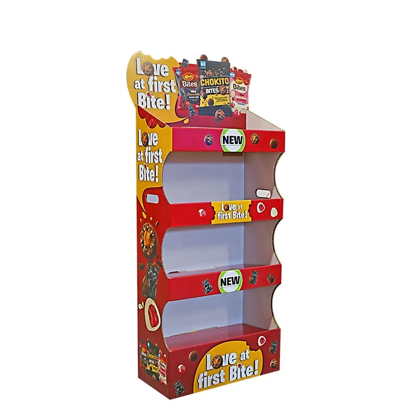 JL168 Custom Cardboard Display Shelf Supermarket Floor Stand Kitkat Kiosk Stand Dispenser Chocolate Cookies Display Racks