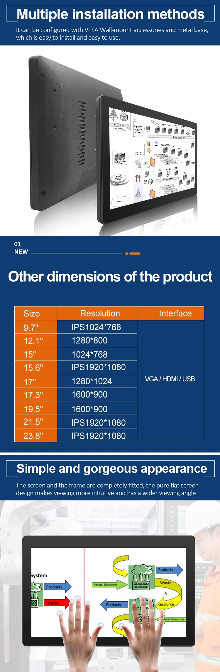 Factory 17.3 Inch Industrial Monitor LED Backlight New VGA/ Cable Pure Flat Panel Touch Screen LCD Display
