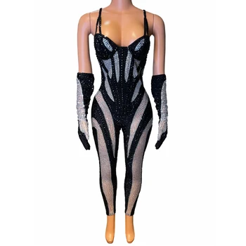 Women Sexy Mesh See Through Performance Dance Nightclub Rompers Singer Stage Outfit Sparkly Rhinestone Bodysuit Birthday Wear