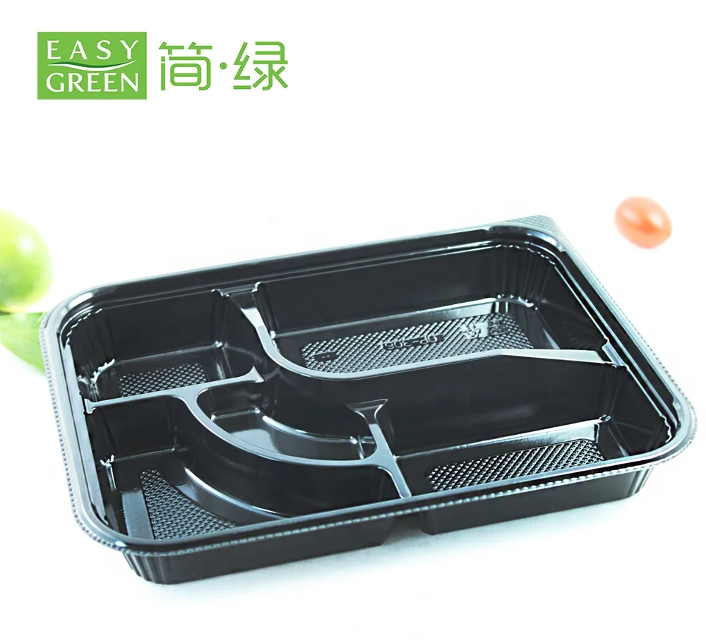 Plastic Disposable Lunch Box with 5 Compartment Black Color Takeaway Bento Box with clear Lid