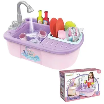 2024 New Design Pretend Kitchen Set Play Children Automatic Mini Washing Machine Table Dish Washer Toy Electric Sink Toy
