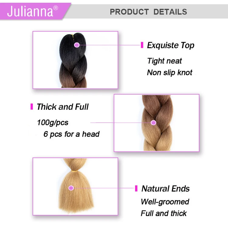Julianna 24 Inch Colorful Expression Extensions Synthetic Ultra Attachments Ombre Jumbo Braids Yaki Braiding Hair