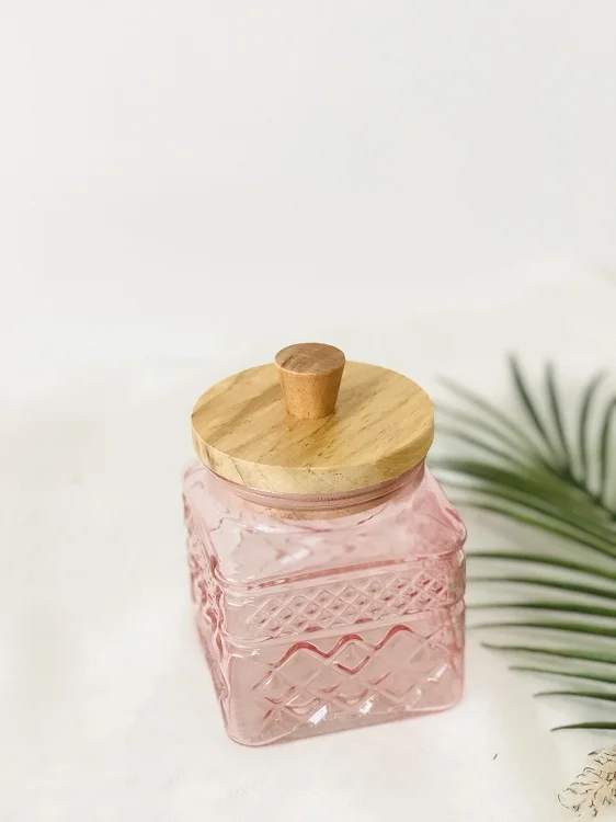 Custom Multi Color square sealed Glass Food Storage Jar with Wooden Lid