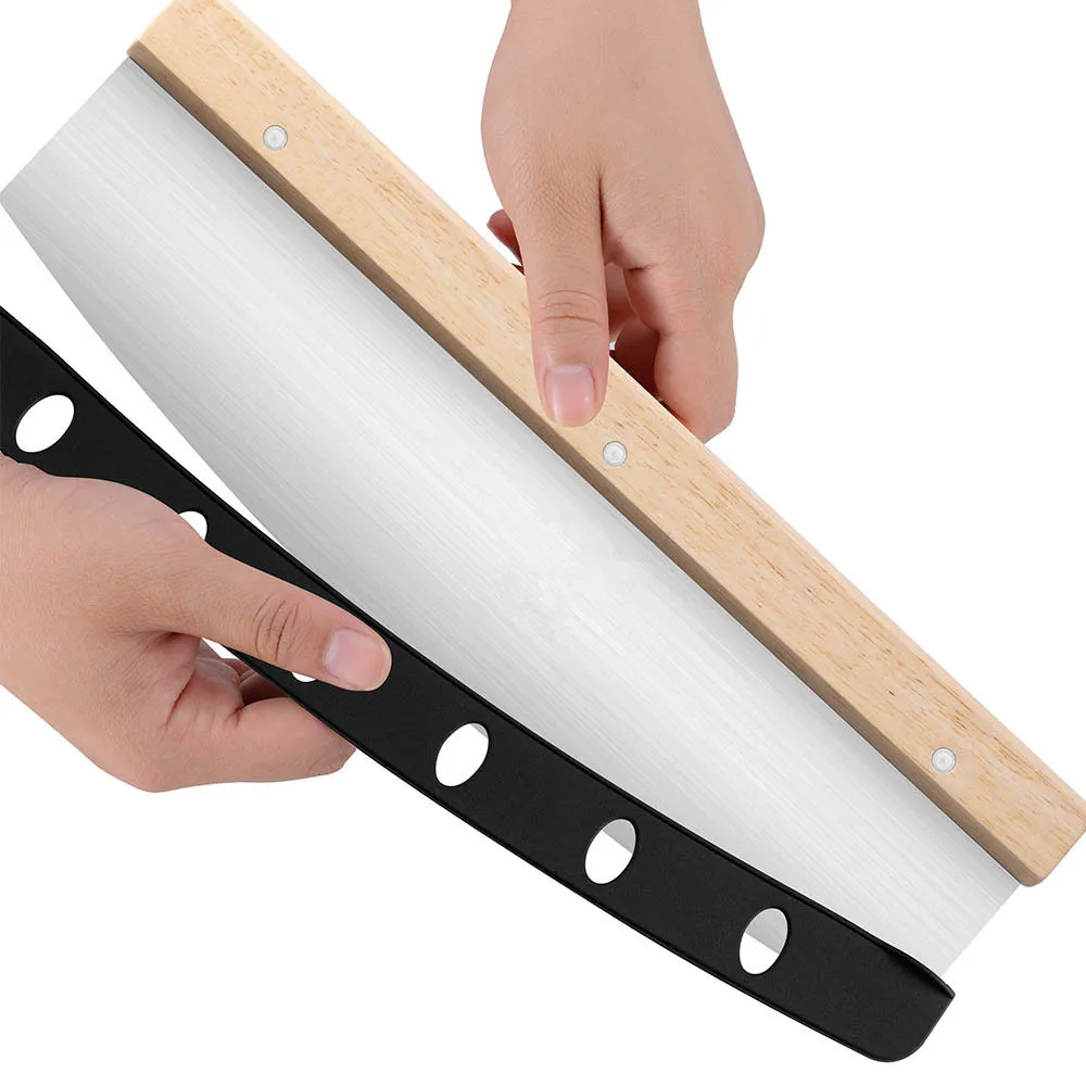 Pizza Cutter Rocker with Wooden Handle and Protective Cover Stainless Steel Pizza Slicer Wheel Pizza Chopper