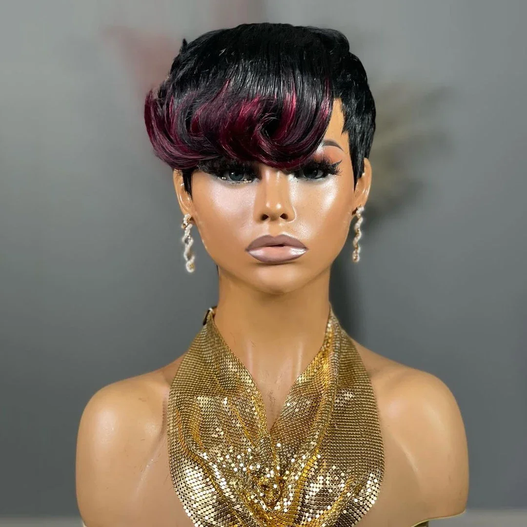 Short Pixie Cut Human Hair Highlight Blonde Green Bob Wigs 613 Burgundy 99J Brown Lace Front Machine Wig_voghion.com