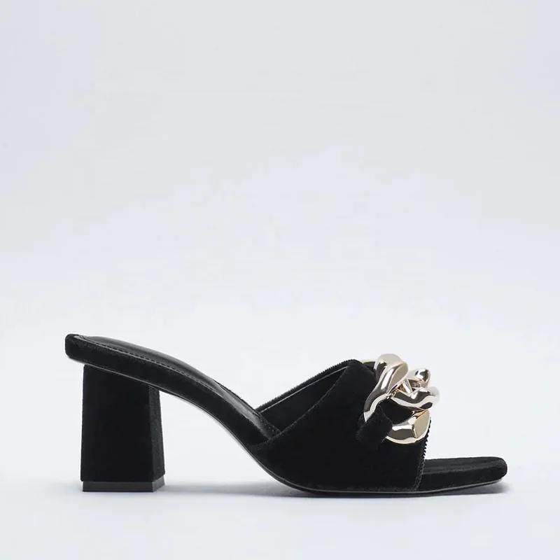 WETKISS/зимние сапоги на заказ стильный 2021 стильный большой цепочками и бахромой Широкий квадрат монитора удобен; Бархатная обувь на высоком каблуке, сандалии, черного цвета с квадратным носком; С открытыми пальцами; Женские мюли; Обувь