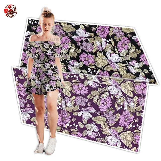 Viscose fiber printed fabric   women dress Fabric purple flowers high quality fabric Factory direct supply