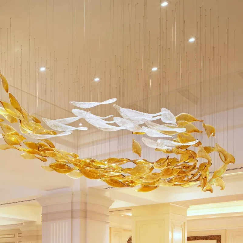Customized Project Luxury Hall Banquet Custom Large Led Art Glass Fish Shape Chandelier