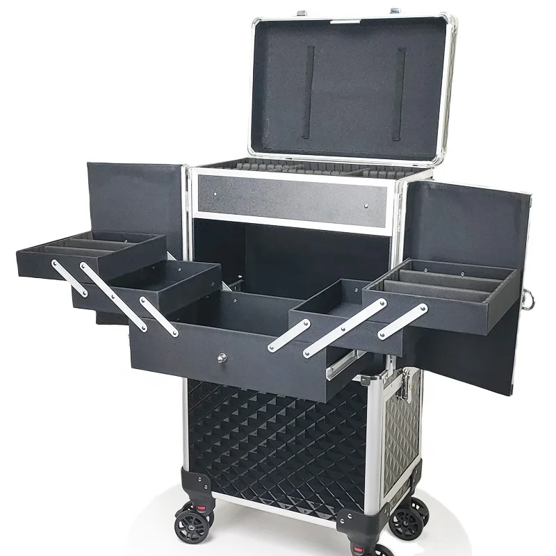 New Design Professional Makeup Trolley case Rolling Makeup Train case Hair Stylist Salon Barber Case  for Nail Tech Hairstylist