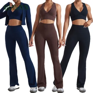 OEM High Waist Women's Flare Gym Fitness Yoga Tracksuit Sports Bra Biker Sportswear Suits Long Sleeve Zipper Jacket Set