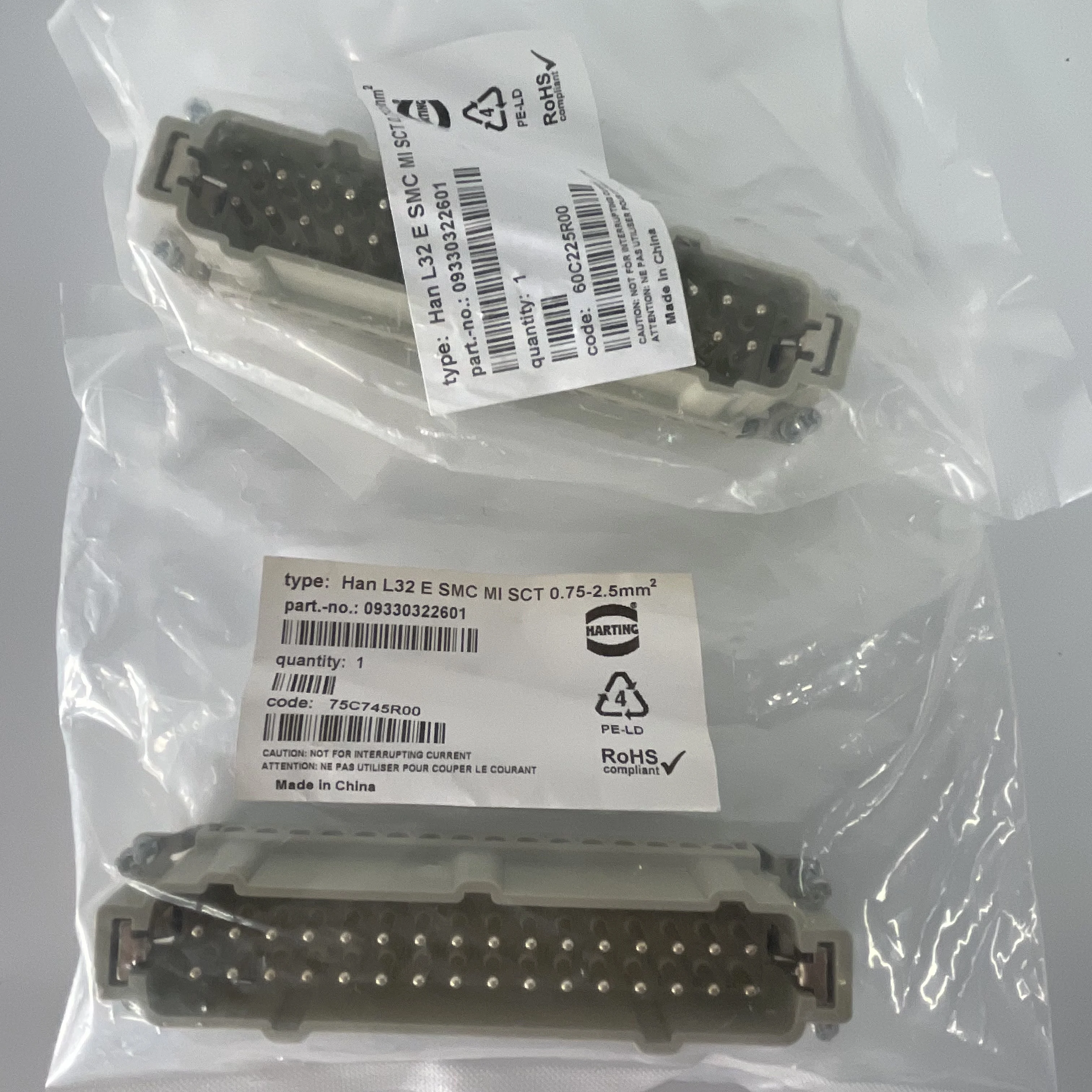 HARTING Han Connector Insert Han L32 E SMC MI SCT 0.75-2.5m㎡ 09330322601 HARTING Han Connector Insert Han L32 E SMC MI SCT 0.75-2.5m㎡ 09330322601