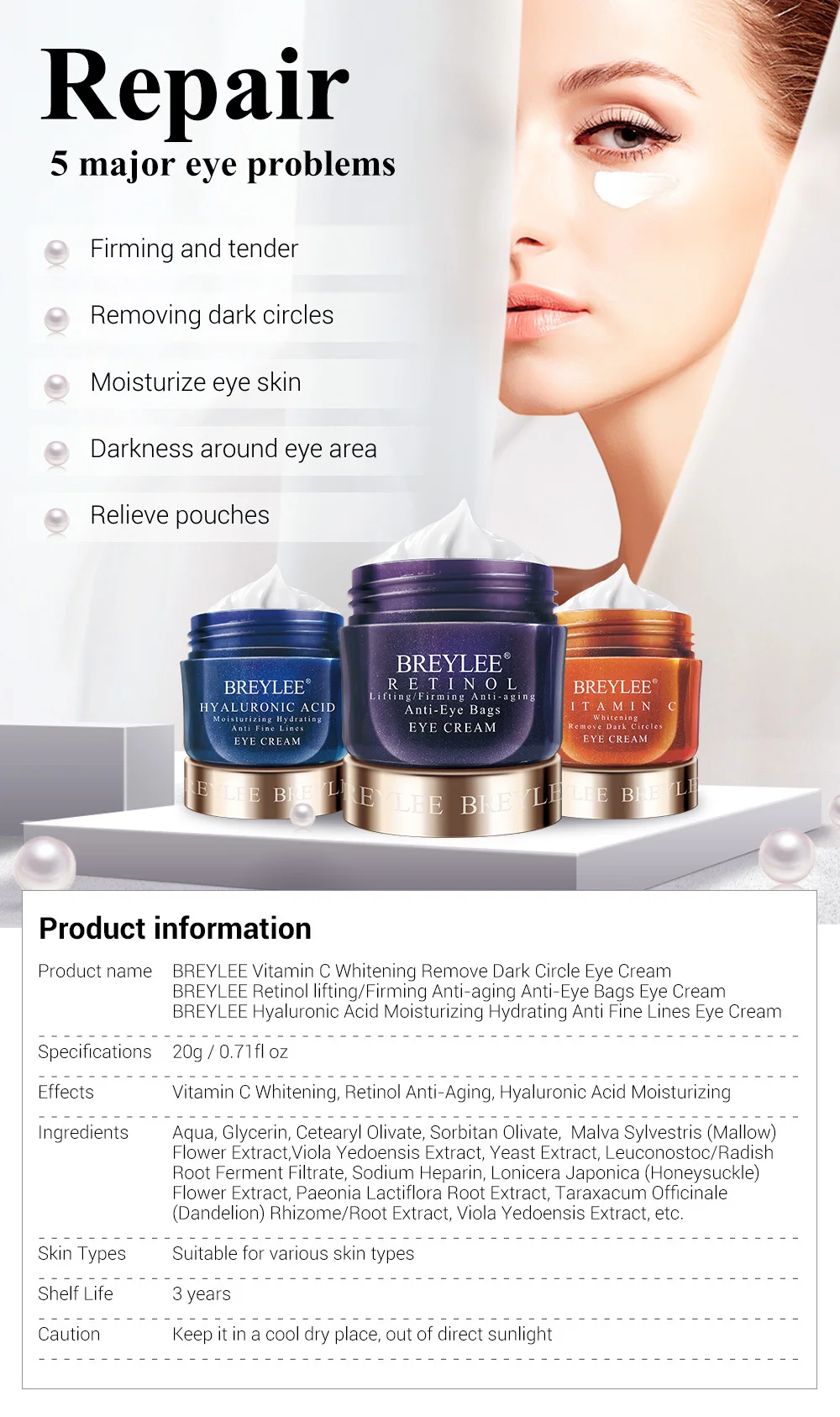 Breylee 20g Hyaluronic Acid Moisturizing Eye Cream Hydrating Anti Fine