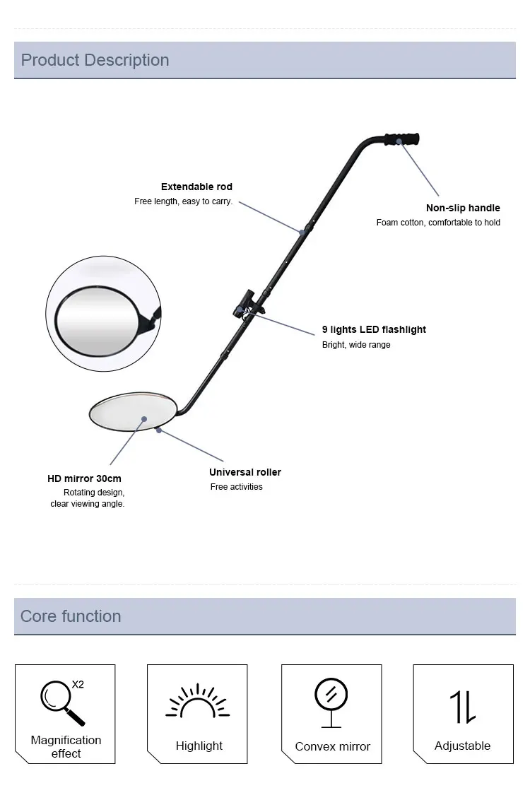 30cm V3 LED Under Vehicle Inspection Mirror High Effective Search Convex Mirror for Car