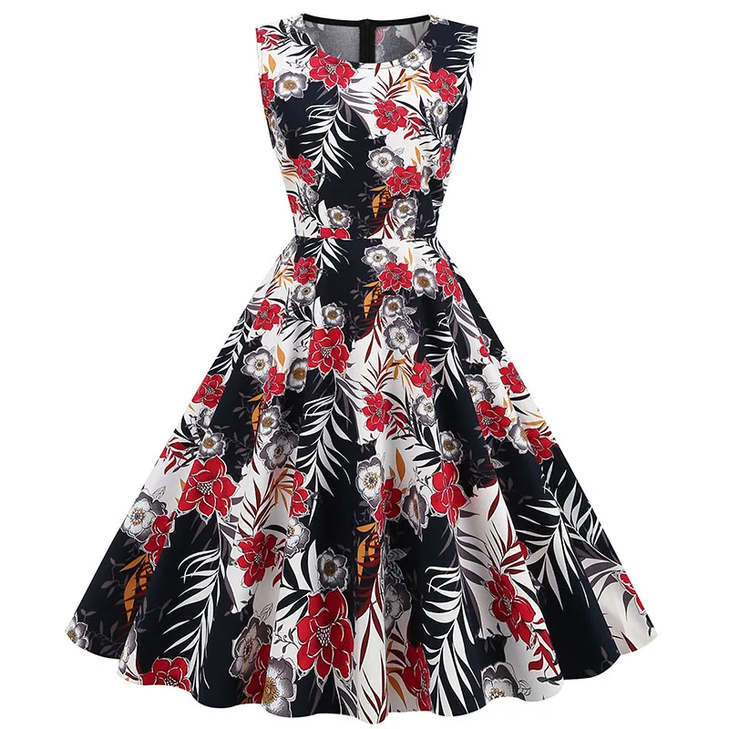 Women's 1950s Style Floral Vintage Dress - Sleeveless Rockabilly Cotton Dress With Belt