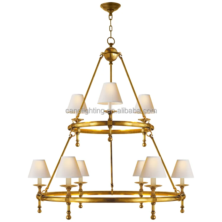 Brass pendant America style round chandelier fabric shade lighting two tiers for stairwell living entry room