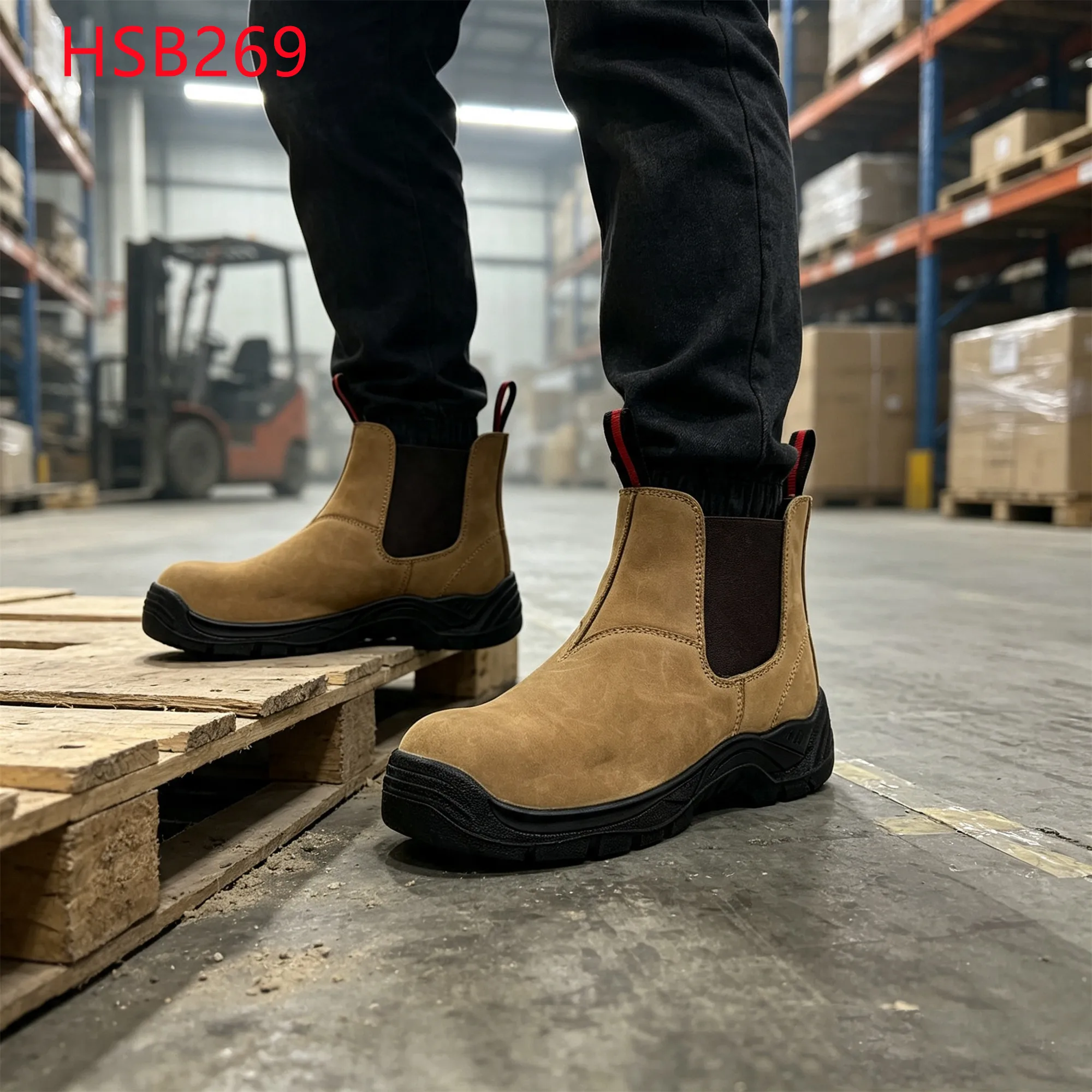 LXG,Stamping Workshop Pull-on Style Hua Singh Safety Boots High Stretch Elastic Band Design Anti-hit Brown Work Shoes HSB269