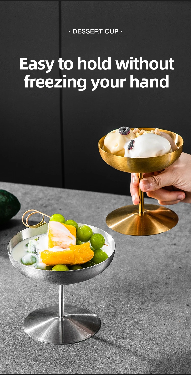 Fast Shipment Golden High Frost-proof Bottom Round Food Safety Metal Yogurt Juice Cocktail Wine Stainless Steel Ice Cream Cup