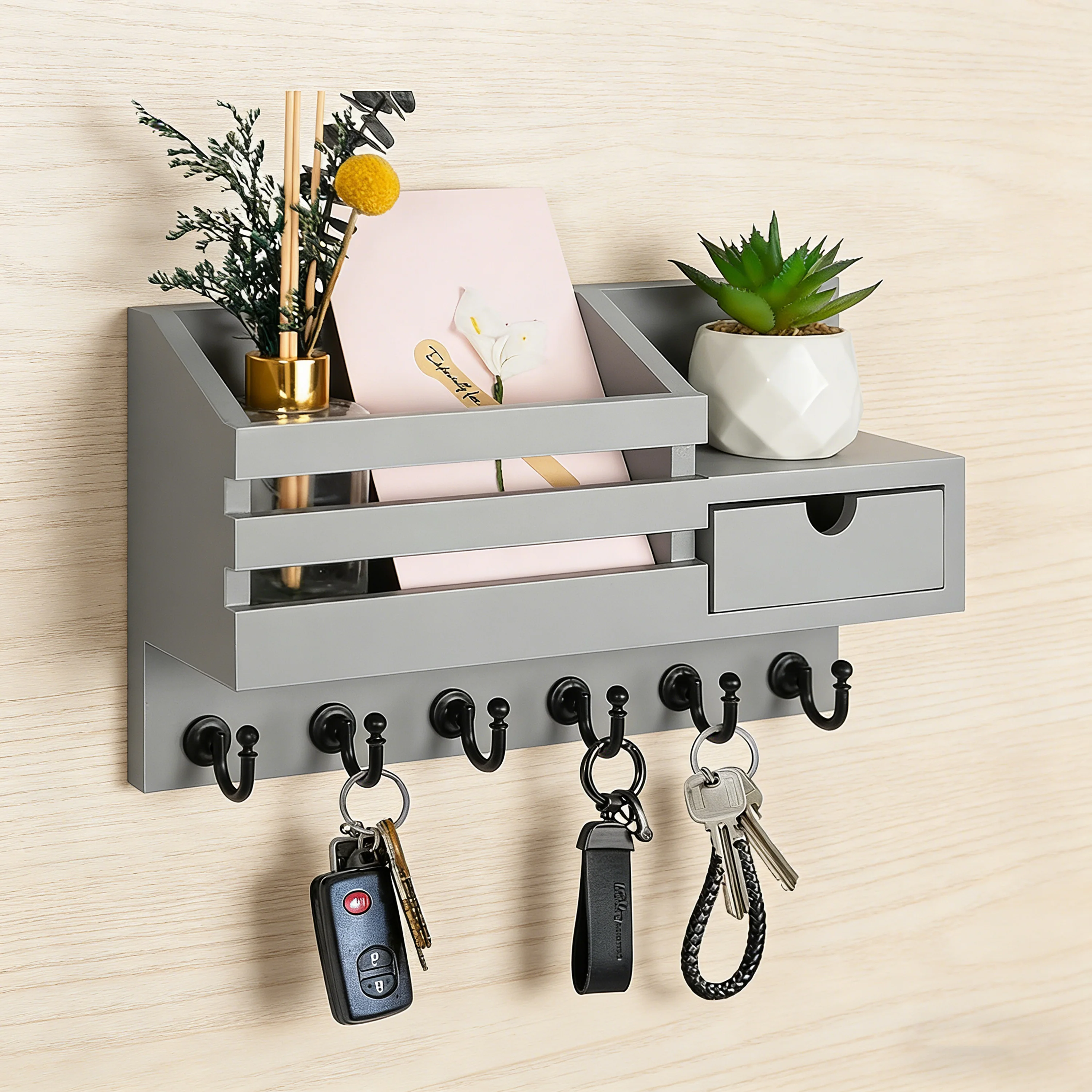 Bamboo Heavy Duty Wall Mounted Key Holder with 5 Hooks Mail Organizer for Tools Bags Entryway Small Accessories Space-Saving