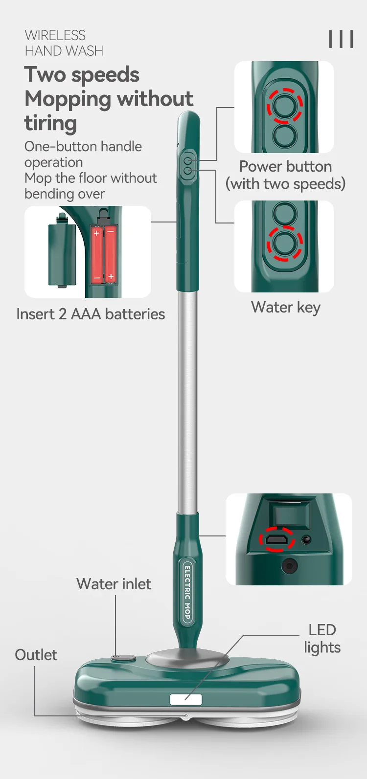 家用立式电动拖把机自清洁手持式USB充电地板清洁器喷水Robat地板洗涤器