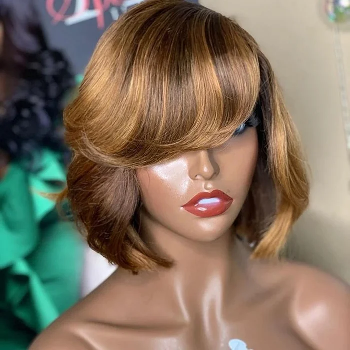 Drop Shipping Ombre Brown Highlight Color Wave Pixie Bob Raw Burmese Cuticle Aligned Hair Lace Frontal Wigs
