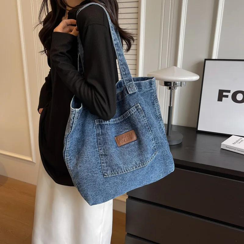 Custom Logo Eco Recycle Reusable Grocery Designer Women Shoulder Jean Cloth Tote Bags Denim Tote Bag