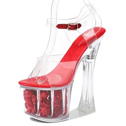 2022 new design square high heel shoes women buckle strap rose sandals crystal stripper platform heels