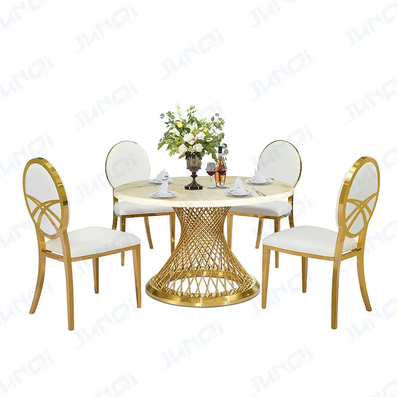 Junqi Wholesale Dining Marble Table Set Round Marble Dining Table Set 6 Chairs White And Gold