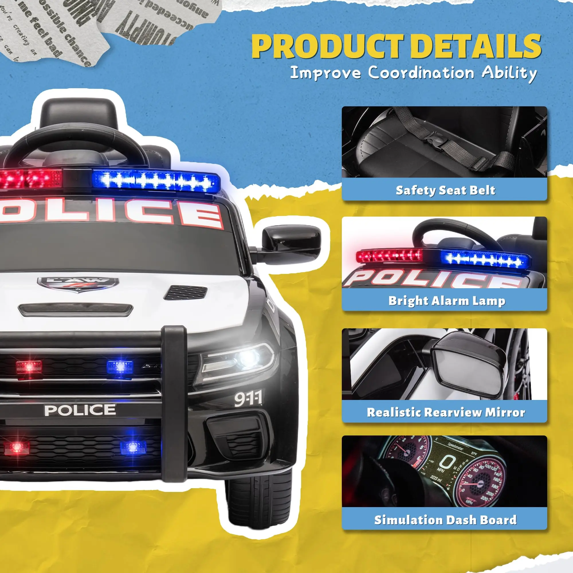 Licensed DODGE Kids Police Car 12V Electric Ride-On Toy with