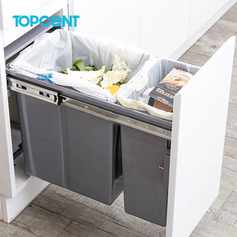 TOPCENT 20L Plastic Recycle Dustbin Kitchen Cabinet Built in Waste Bin Trash Can Pull Out Sliding Storage Baskets