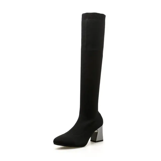 Fashion winter ladies sexy thick high heel stretch knit upper elastic fabric long over the knee women thigh high sock boots