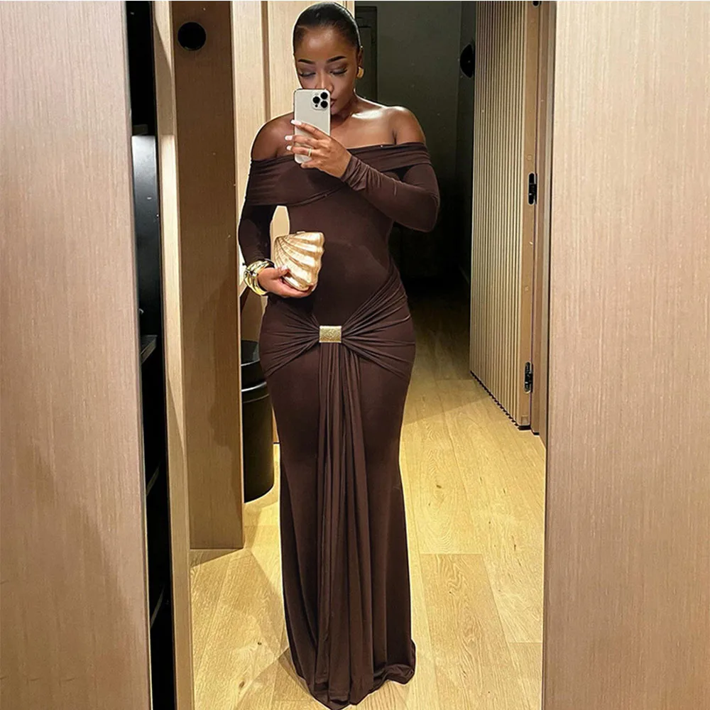 New Fashion Fall Winter Elegant Party Dress Women Lady Long Sleeve Off the  Shoulder Bodycon Sexy Casual Long Maxi Club Dresses