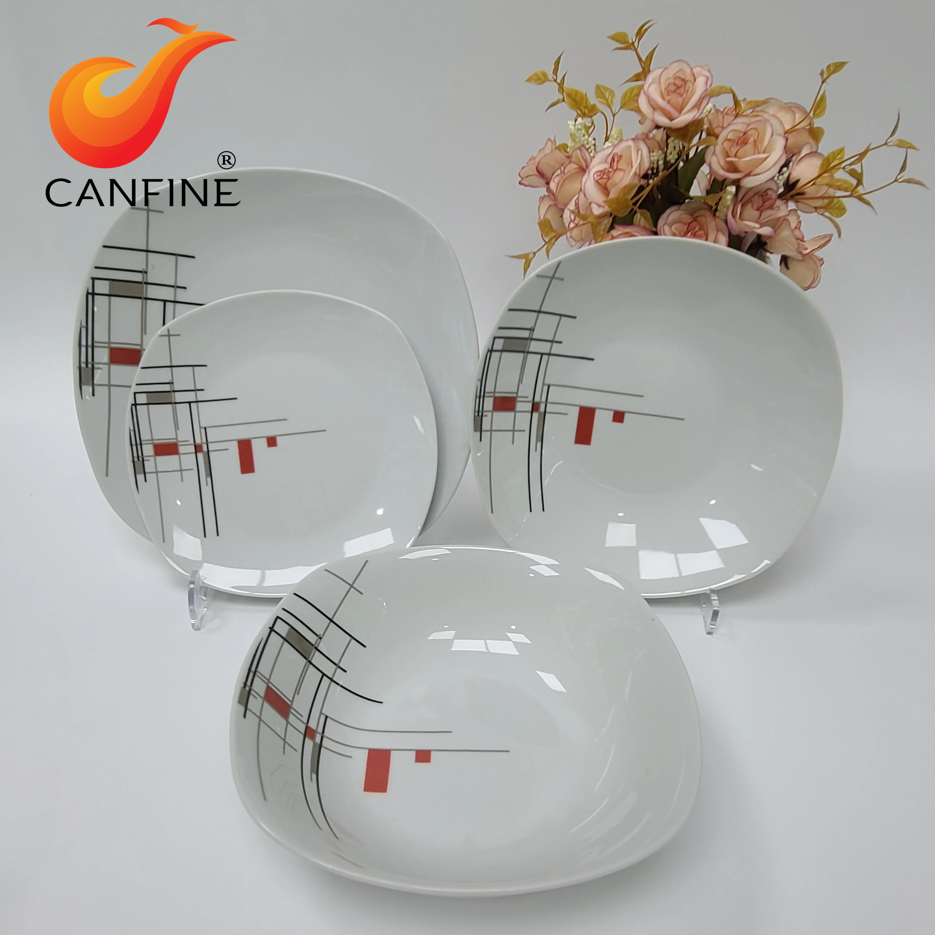 19pcs Square Shape Customized Restaurant Hotel European Fine White China Ceramic Crockery Porcelain Dinnerware Tableware Sets
