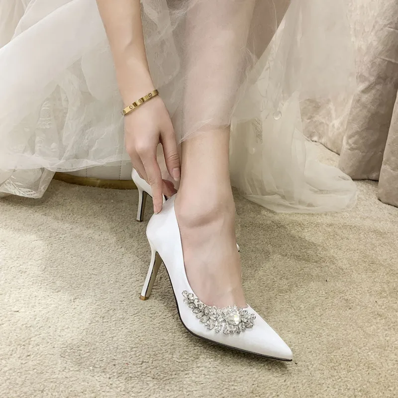 Small And Large Size Pointed Toe Pumps Pyramid Low Heel Rhinestones Wedding Shoes For Bride White - Image 4