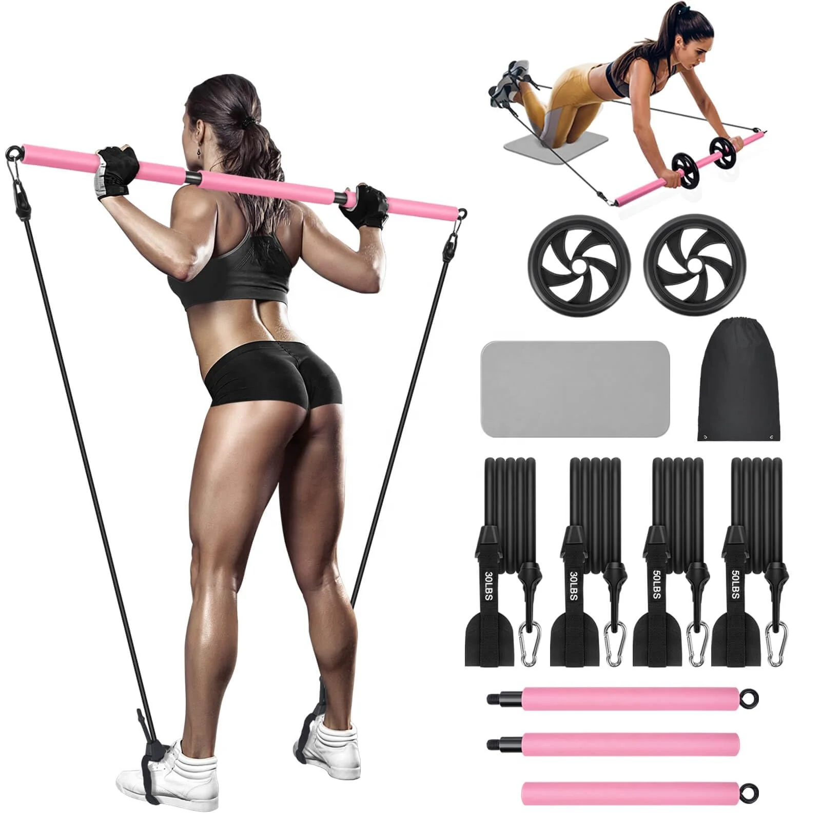 L0037 OEM/ODM Pilates Bar Kit with ab Wheel, Knee Mat,Adjustable 3-Section Pilates Bar with 4 Resistance Bands for Home Gym