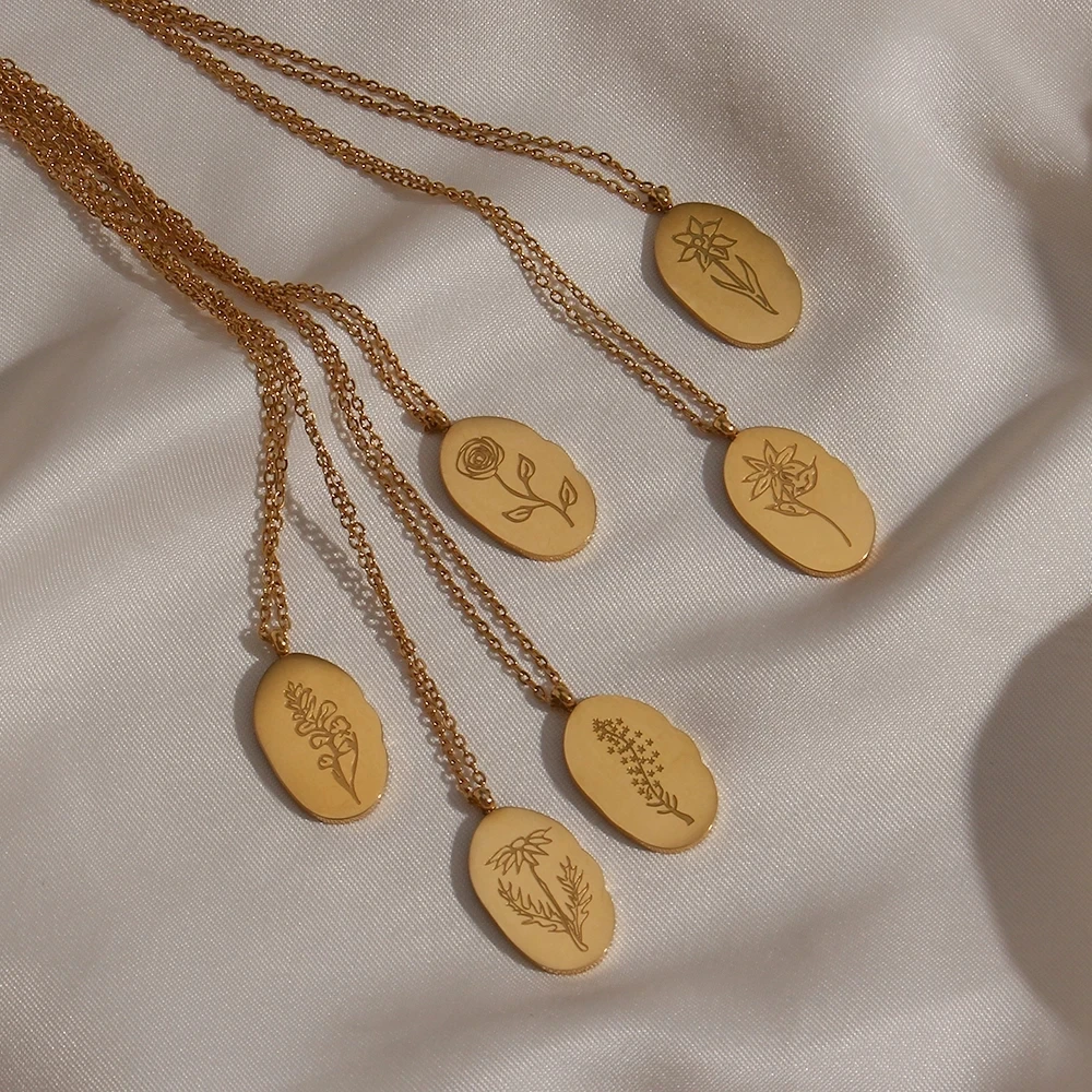 2023 New Tarnish Free Irregular Personality 12 Months Flower Pendant Necklace Stainless Steel Gold Plated Birthstone Necklaces
