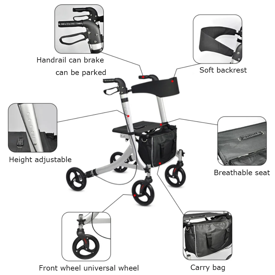 Lightweight Medical Drive Aluminum Folding Style 4 Wheel Walker Rollator manufacture